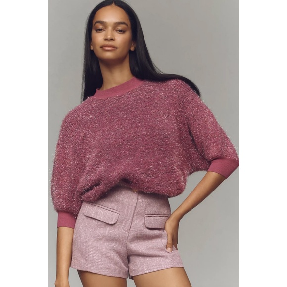 ANTHROPOLOGIE The Violetta Short-Sleeve Tinsel Sweater by Maeve in Pink - Picture 1 of 4